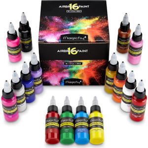Magicfly Airbrush Paint, 16 Colors Acrylic Airbrush Paint Set (30 ml/1 oz), Ready to Spray, Opaque & Neon Colors, Water-based, Premium Kit for Beginners, Hobbyist and Artists
