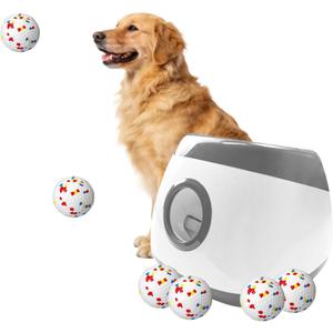 Automatic Dog Ball Launcher with 6pcs 2.5Inch ETPU Balls, White, Adjustable Distance 20-45ft, USB Rechargeable, Interactive Pet Toy-Blue (Grey-XL)
