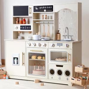 besrey Play Kitchen for Kids, Wooden Kids Play Kitchen Playset with Real Lights & Sounds, Toddler Toy Kitchen with Fun Cookware Accessories, Pretend Play Kitchen Gift for Age 3+