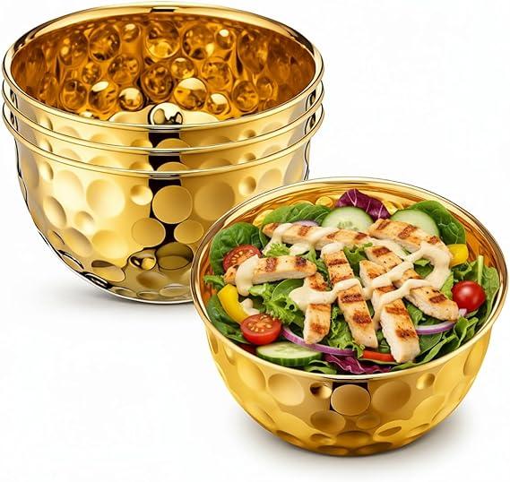 Acellegic 3 Pack Gold Metal Salad Bowls 6.8 Inch Stainless Steel Hammered Salad Mixing Bowls for Kitchen Cooking Fruit Soup Snacks Cereal Dessert Party Decorative