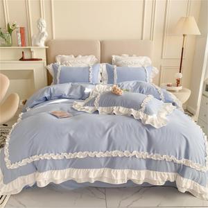 Girls Lace Bedding, Queen Comforter Cover Set, Chic Ruffled Duvet Cover with 2 Layers Ruffle, Princess Style 1 Duvet Cover with 2 Pillowcases, No Comforter-Blue, Queen Size