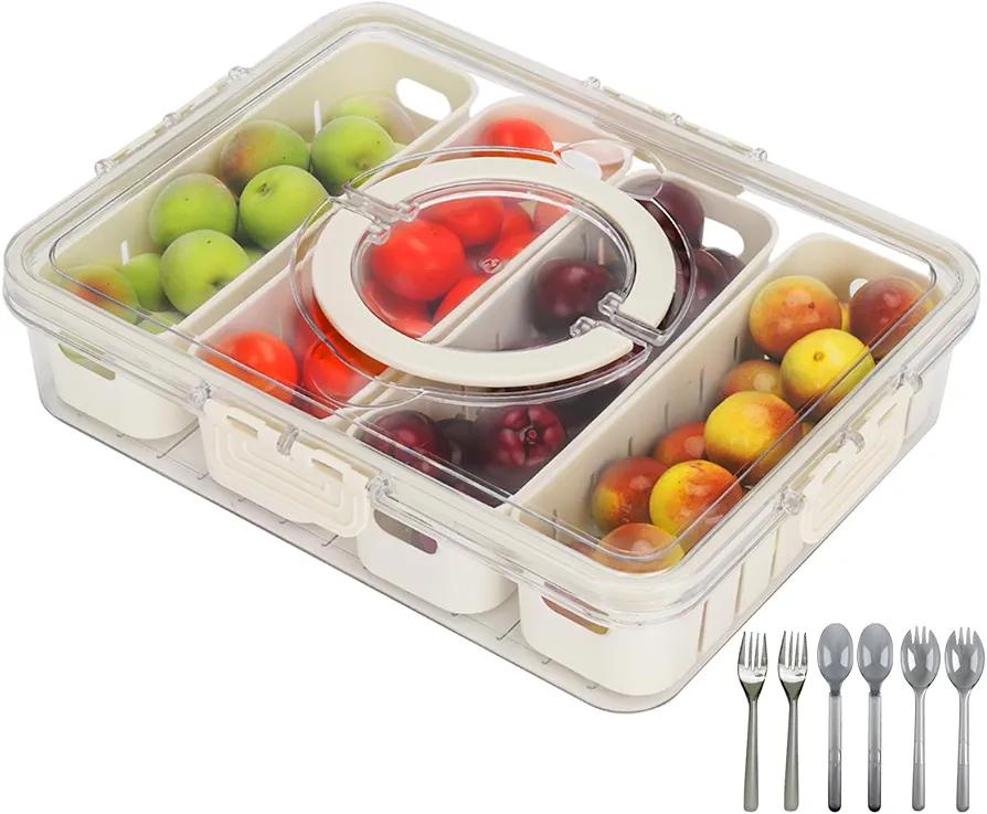 Divided Serving Tray with Handle, Lid & Removable Snack Box 8 Compartment Portable Snack Containers Snackle Box Snack Tray , Veggie Tray Charcuterie Boxes Fruit Tray Candy Organizer (1 PCS-4C)