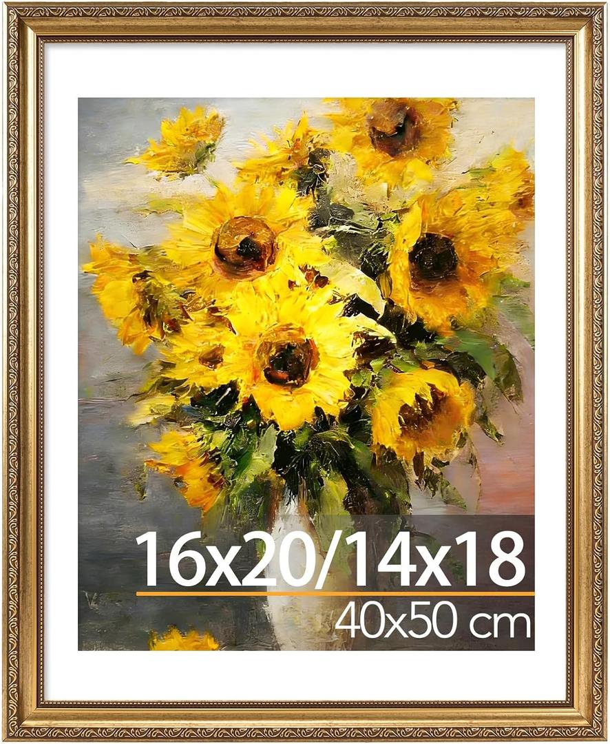 JCJMY 16x20 Vintage Picture Frame with 14x18 Mat for 40 x 50cm Diamond Art Painting, Elegant Retro 16 by 20 Photo Frame with Shatter-Resistant Plexiglass for Wall, Gallery Decor & Gift, Gold, 1 Pack