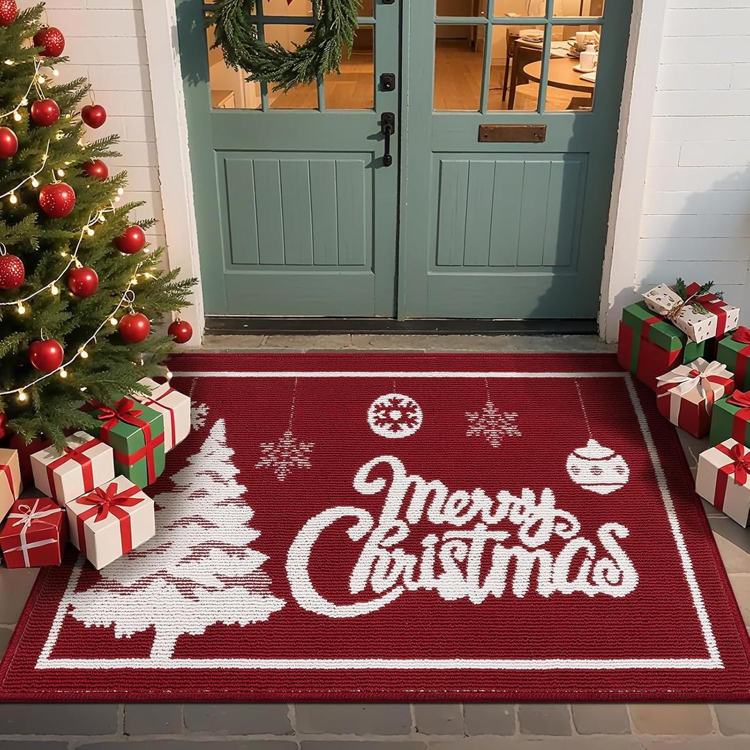 Christmas Doormat with Non Slip, Loop Pile Red and White Indoor Christmas Welcome Mat with Absorbent & Dirt-Trapping, Outdoor Christmas Tree Door Mat Front Porch Decor 32x48 Inch