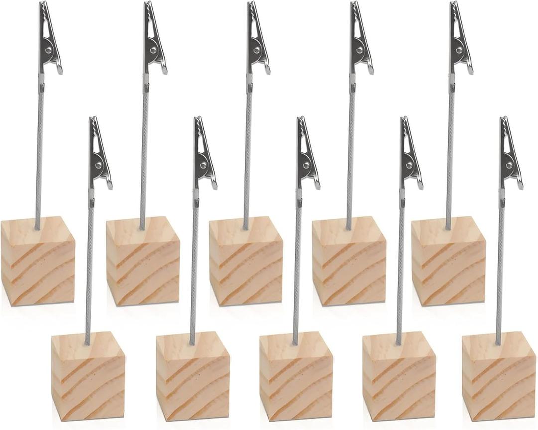 10 PCS Wooden Memo Clips Holder Table Numbers Place Card Holders Lightweight Wood Cube Base, Memo Photo Picture Paper Note Clip with Alligator Clip Clasp for Displaying Number Cards