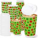 JarThenaAMCS 100Pcs Green Christmas Disposable Coffee Cups with Lids Paper Cups Red Green Dot Corrugated Ripple Wall Insulated Hot Cup for Xmas Winter Supplies, 16oz