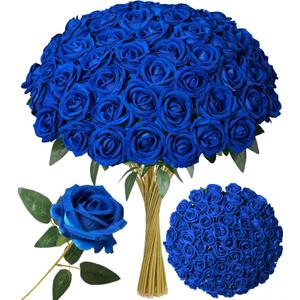 INSPRING 50 PCS Blue Roses Artificial Flowers with Long Stems | Real Looking, Fake Roses, Silk Flowers, DIY Bouquet, Wedding Party Celebration Home Bridal Decoration Gift, for Her Wife