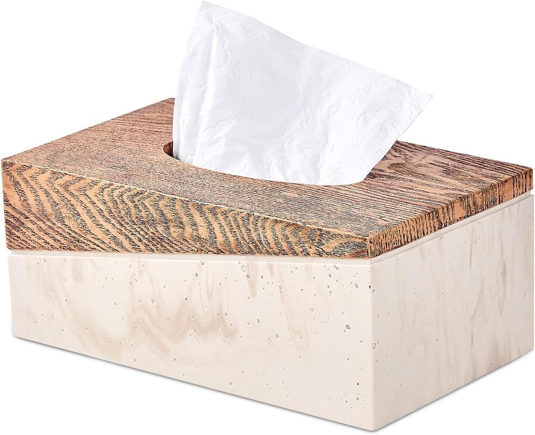 Rectangular Natural Travertine and Rustic Wood Textures Tissue Box Cover for Bathroom,Livingroom,Bedroom, Hand-Made Resin Wood Inlaid Travertine Tissue Box Holder,10 x 5.7 x 4.5 in (C-brown&beige)
