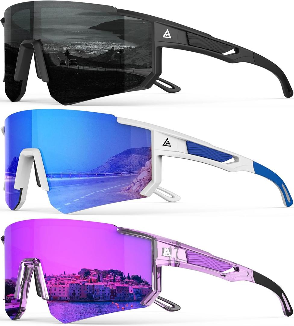 Polarized Sports Sunglasses for Men, UV400 Protection Mens Sunglasses Wrap Around Sun Glasses for Cycling Running (Crystal Grey/Matt White Drak Blue/Crystal Purple)