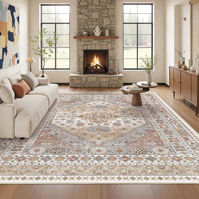 Washable Rugs 8x10 Area Rugs for Living Room, Non-Slip Backing Large Rug for Nursery Room, Vintage Floral Bedroom Rugs, Thin Indoor Home Decor Soft Farmhouse Rug (Orange,8'x10')