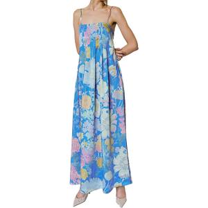 ABYOVRT Women Boho Floral Maxi Dress Backless Spaghetti Strap A-Line Flowy Summer Vacation Long Dress (Blue, L)