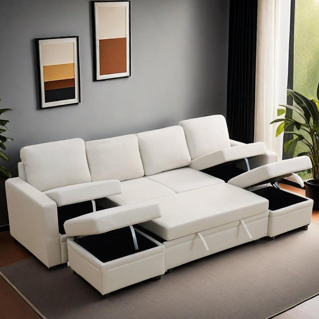 Sleeper Sofa Couch Bed, Convertible Sofa Bed with Armrests, Sectional Sofa with Storage Seat U Shaped Sectional Couch with Reversible Chaise for Living Room Apartment Bedroom Office (White) Sleeper Sofa Couch Bed, Convertible Sofa Bed with Armrests, Sectional Sofa with Storage Seat U Shaped Sectional Couch with Reversible Chaise for Living Room Apartment Bedroom Office (White)