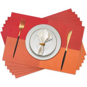 Vinyl Plastic Placemats Set of 6 Washable Heat Resistant Non-Slip Elegant Indoor Outdoor Kitchen Dining PVC Woven Table Place Mats (Orange Red Lattice Block)
