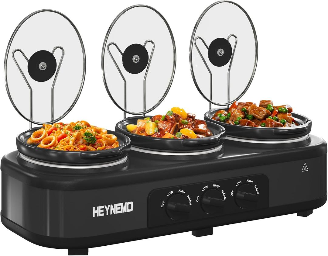 Triple Slow Cooker, 31.5 QT Buffet Servers and Warmers, 3 Pots Buffet Slow Cooker Adjustable Temp Lid Rests Stainless Steel Black, 4.5 Quarts