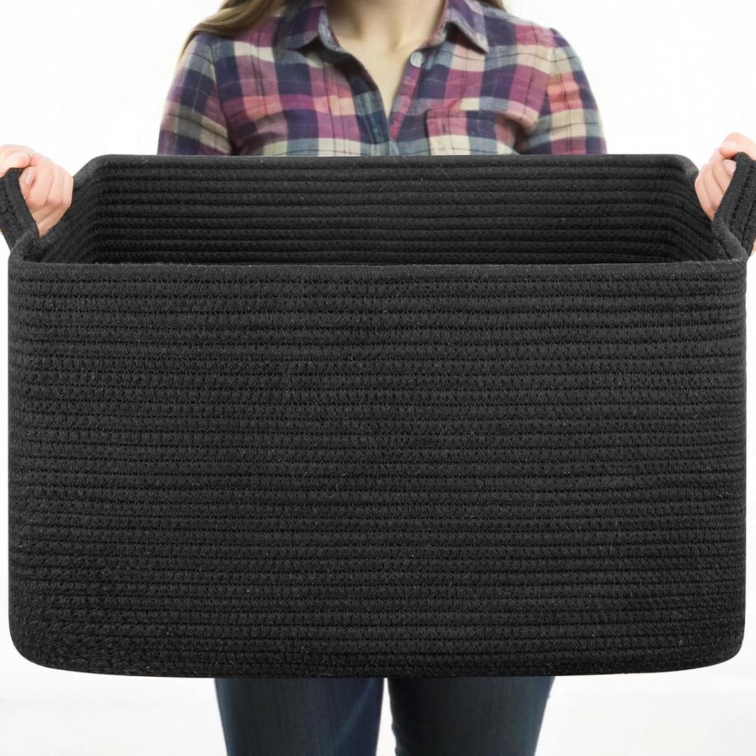 Large Blanket Basket, Black Blanket Storage Living Room, Rectangle Woven Baskets for Storage Toys, Towels, Dirty Clothes Organizer Bins (Black) (19.7"x15.8"x11.8")