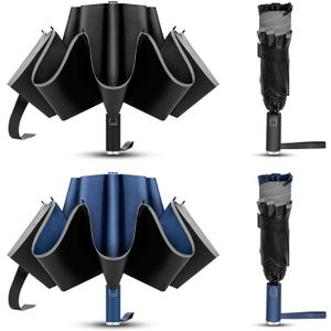 VOUUY 2-Pack Travel Umbrella, Unbreakable 10 RIBS, Windproof Umbrellas for Rain & Sun, Automatic, Foldable Reverse Rain Umbrella for Women Men (Blue & Black A)