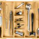 KitchenEdge Adjustable Bamboo Kitchen Drawer Organizer for Utensils and Junk, Expandable to 28 inches Wide, 9 Compartments