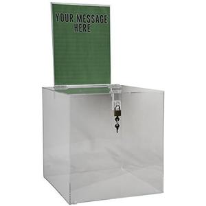 Clear-Ad - Acrylic Donation, Ballot, Raffle or Suggestion Box with Lock and Removable Sign Holder - Plastic Comment or Compaint Container - Plexiglass Multipurpose Box with Slot - Clear (12x12)