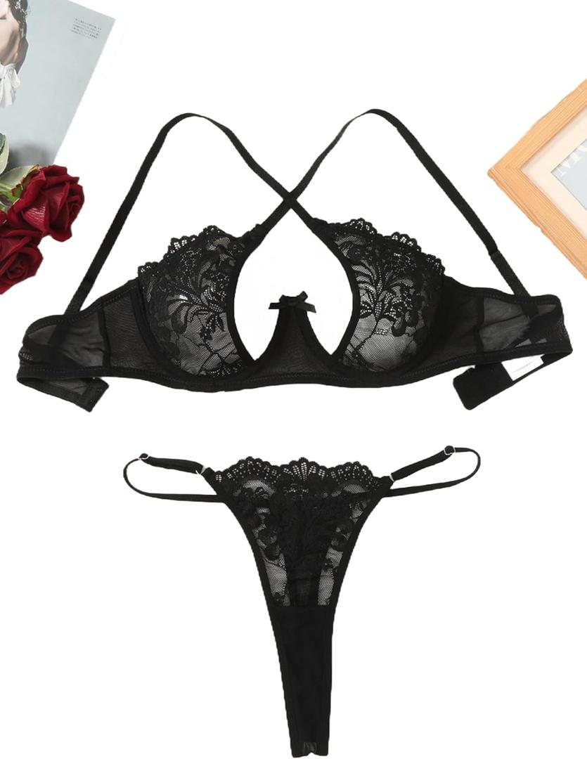 Avidlove Lace Floral Lingerie Sets for Women Sexy Underwire Bra and Panty Set Push Up 2 Piece Outfits (Black, M)