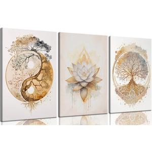 Tree of Life Canvas Wall Art Lotus Zen Painting Picture Wall Decor Abstract Yin Yang Fall Art Poster Print Artwork for Living Room Yoga Room Hotel Bedroom Home Decoration (24L" x 16W")