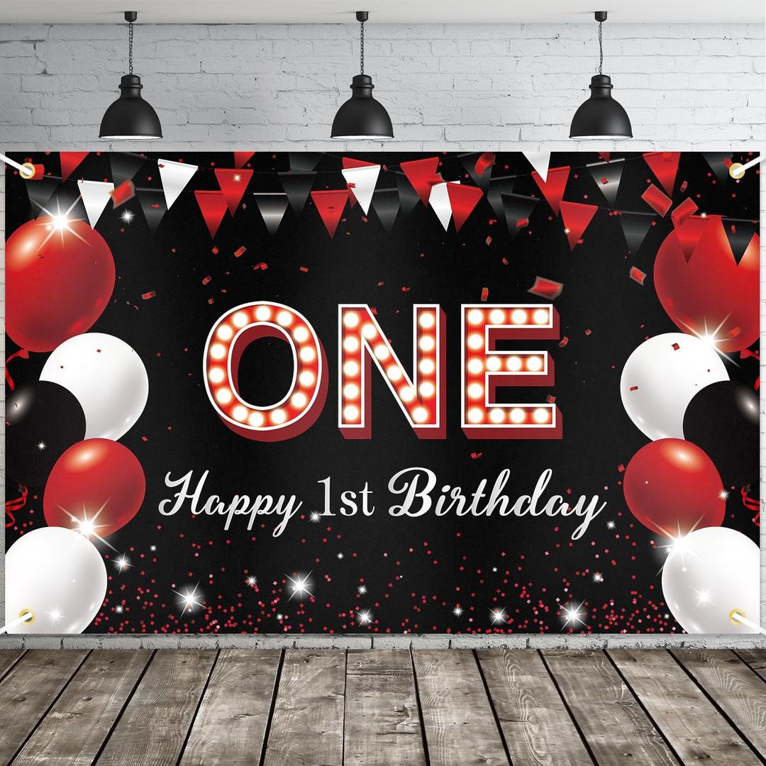 JOYKY Happy 1st Birthday Banner, Red & Black Party Decorations for Boys & Girls, One Year Old Birthday Supplies Backdrop Decor, 5.9 X 3.8 Fts