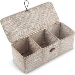 Seagrass Storage Basket with Lid Rectangular Small Woven Shelf Baskets with Sections for Organize Snack Toys Whitewash