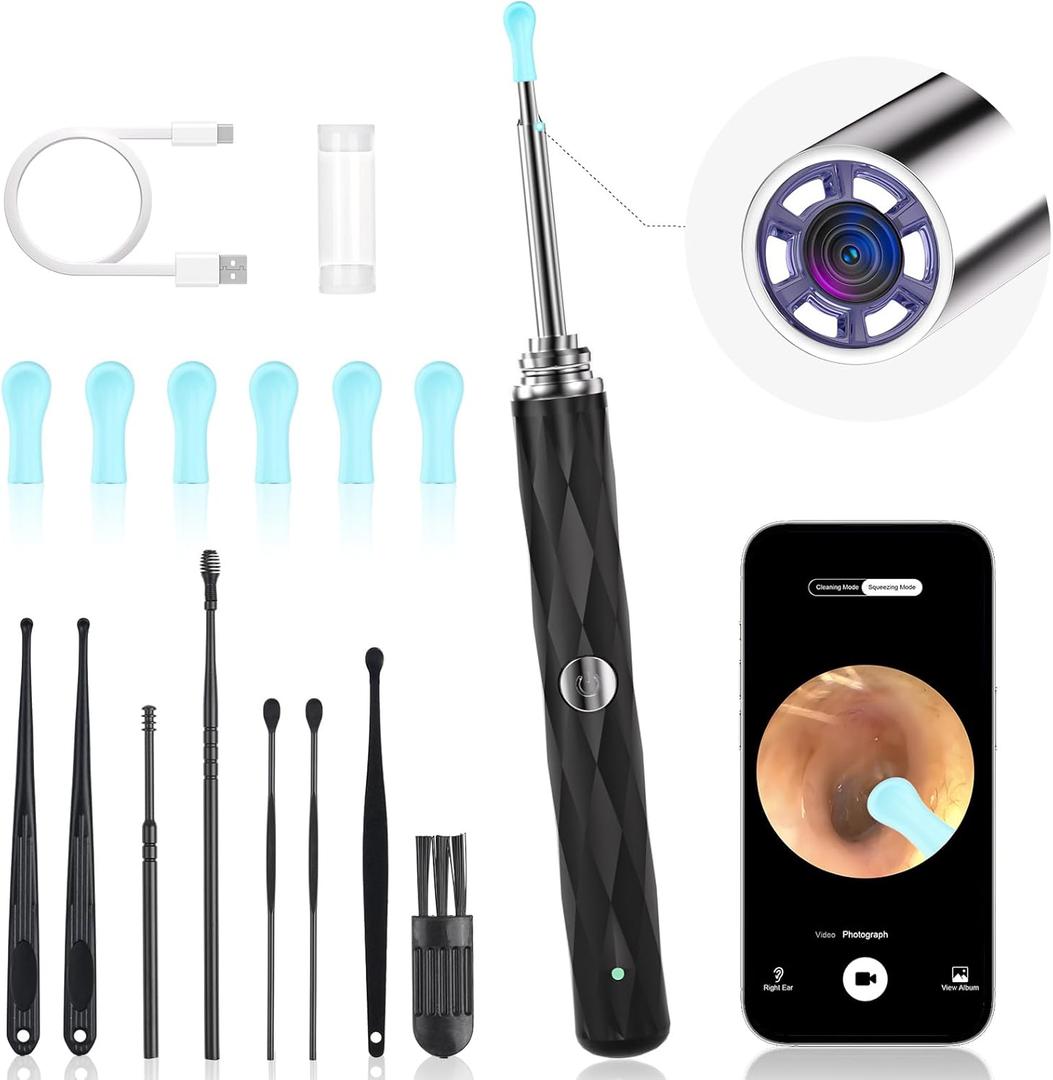 High-Definition Ear Wax Removal, Wireless Ear Cleaner, Safe and Gentle Ear Wax Removal Kit, Rechargeable Ear Cleaner with Camera and Light, Ear Cleaning Kit for Android and iOS (Black)