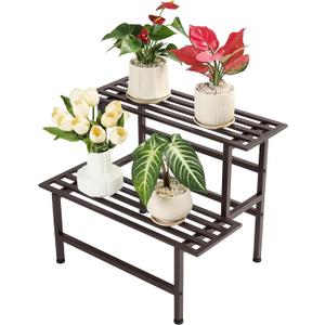 Metal Plant Stand Outdoor Plant Shelf Indoor,2 Tier Heavy Duty Ladder Plant Stands for Multiple Plants,26" L x 20.25" H x 17.75" W,Coffee
