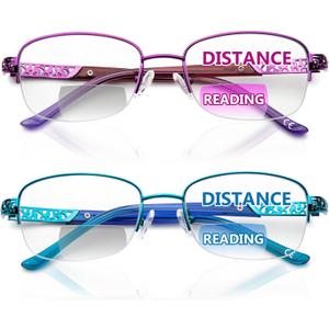 DEHOTRE 2 Pack Bifocal Reading Glasses Women Clear Zero Top Half Metal Rim Anti Blue Light Computer Readers Soft Nose Pad Purple & Blue 2.50