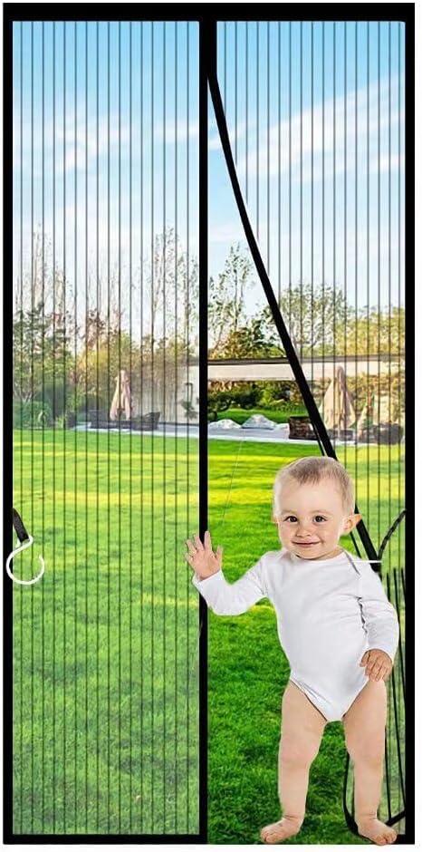 Magnetic Screen Door Fit Door Size 28 x 80 inch, Screen Size 30" x 82" Reinforced Screen Door Middle Opening French Door Mesh with Full Frame Hook&Loop, Black