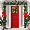 Yingzhao 6 Pcs Christmas Wreath Decoration Kit for Front Door Include 18FT 100 LED Lights Christmas Garland 20 LED Lights 16'' Xmas Wreath with Mental Hanger 2 Red Xmas Bows