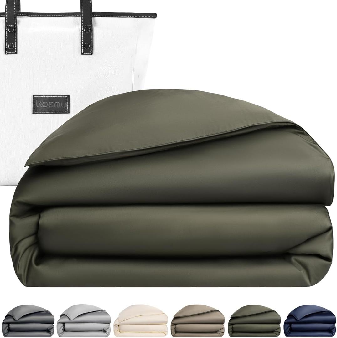 Luxury Bamboo Viscose Duvet Cover | Pure Bamboo Viscose, Soft, Breathable and Cooling for Hot Sleeper | Piped Edge, Hidden Zipper Closure, 8 Corner Ties and Button Closure (Olive Green, King Size)