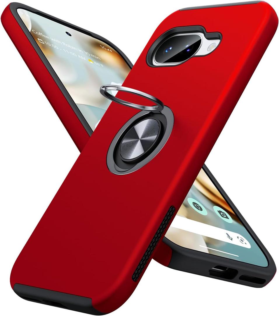 JAME for Google Pixel 9a Case, Dual Layer Military Grade Protection, Shockproof Cover with Metal Ring Holder Stand Kickstand, Slim Fit Protective Phone Case for Google Pixel 9A, Red