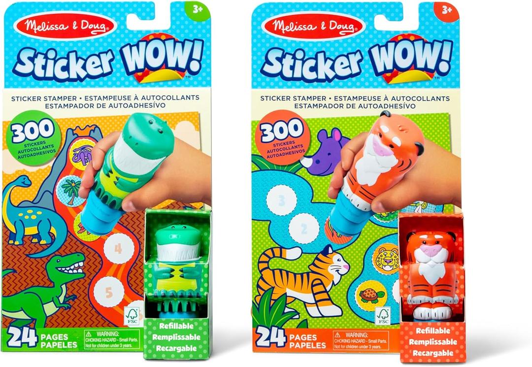 Melissa & Doug Sticker Wow! Dinosaur and Tiger Bundle: 2 24-Page Activity Pads, 2 Sticker Stampers, 600 Stickers, Arts and Crafts Fidget Toy Collectible Characters