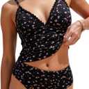 ZAFUL Women's Spaghetti Strap Tankini Swimsuits V Neck Tummy Control Tie Side Thong Bikini Swimsuits 2 Piece Bathing Suits (Small, black)