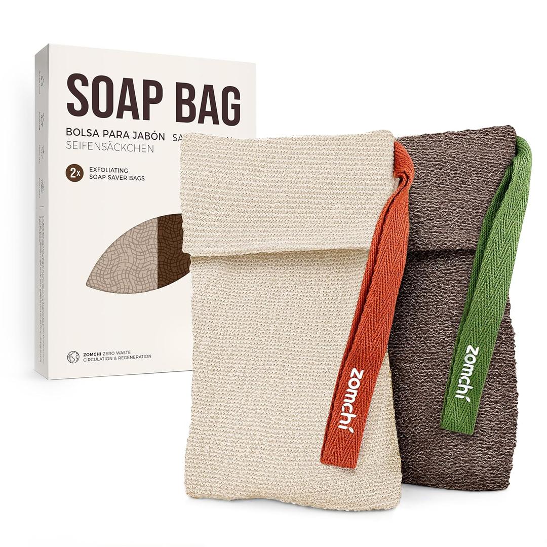 ZOMCHI Bar Soap Saver Bags, 2 Pieces Exfoliating Soap Bag with Different Roughness, Soap Bar Loofah for Men and Women, Body Scrubber Exfoliator for Smooth Clean Skin (Brown)