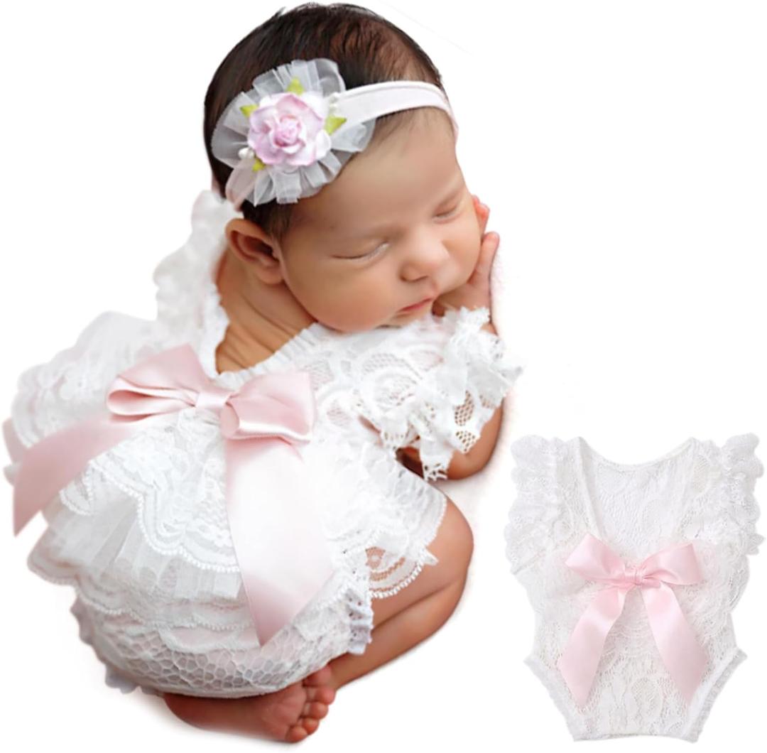 ForBaysy Newborn Photography Props Girl Outfit Lace Romper Match Cute Flower Headband Newborn Dress Posing Props (White Stylea, One Size)