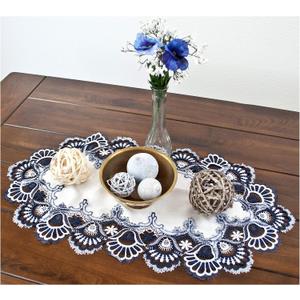 LINENS Art and Things Lace Table Runner Blue Navy and White European Large Placemat Dresser Scarf Doily (14Wx27L)