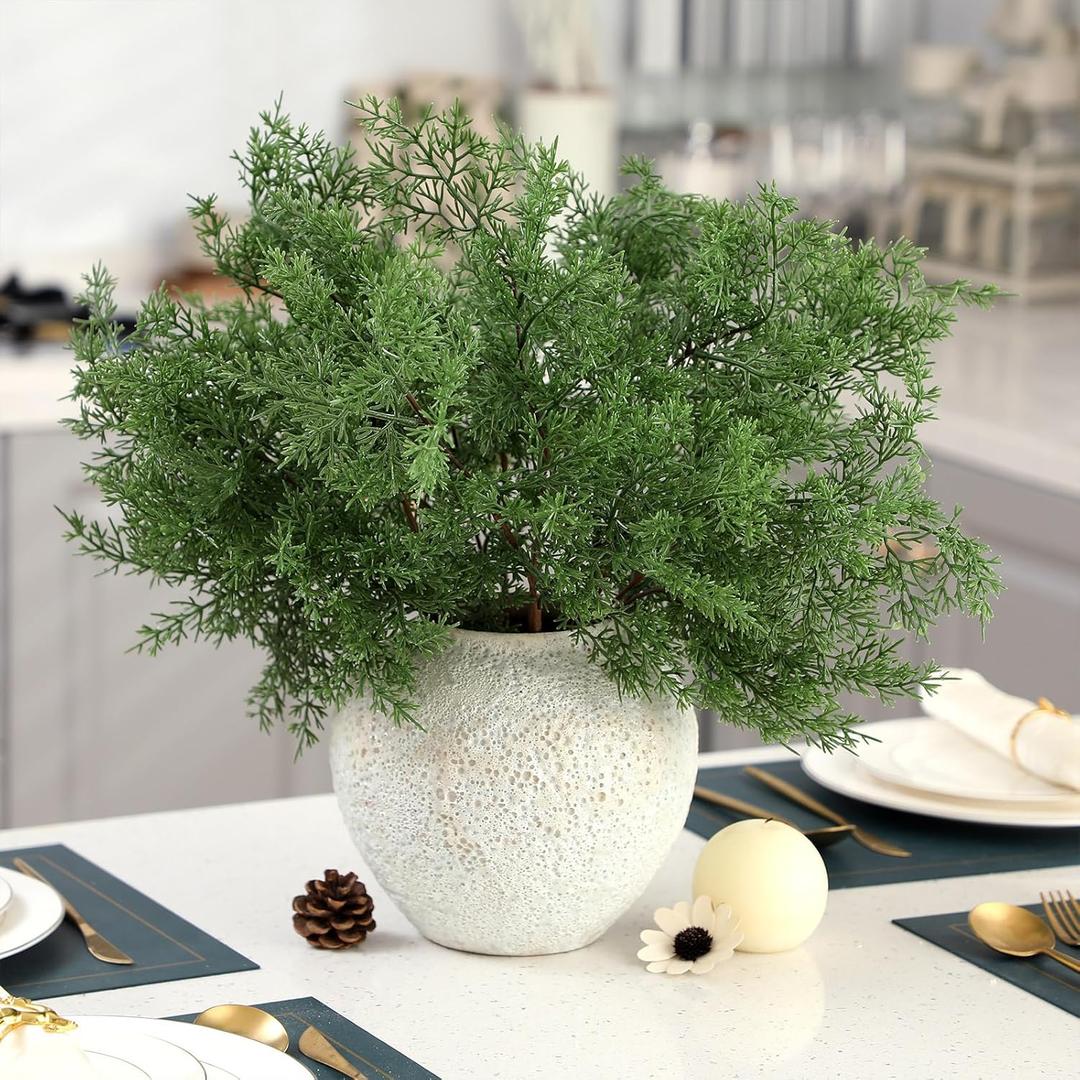 Giegxin 6 Pcs Real Touch Cedar Stem 18 Inch Modern Artificial Christmas Cedar Pine Branches Realistic Greenery Picks Stem Fake Evergreen for Vase Decorating Wreath DIY Crafts Home Decor