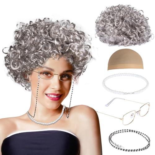 MAQIHAN Granny Wig Old Lady Costume Set Elderly Woman Accessories Fun Wigs Light Gray Glasses Cap Faux Pearl Bead Necklace Chain for Party Halloween Cosplay,Funny Comedy
