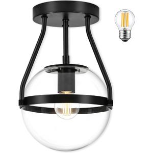 Bagood 6" Globe Semi Flush Mount Ceiling Light Fixture Modern Black Semi Flush Mount Ceiling Light Mid Century Ceiling Light With Clear Glass Shade Matte Black Finish for Hallway Bathroom (Bulb Incl.)