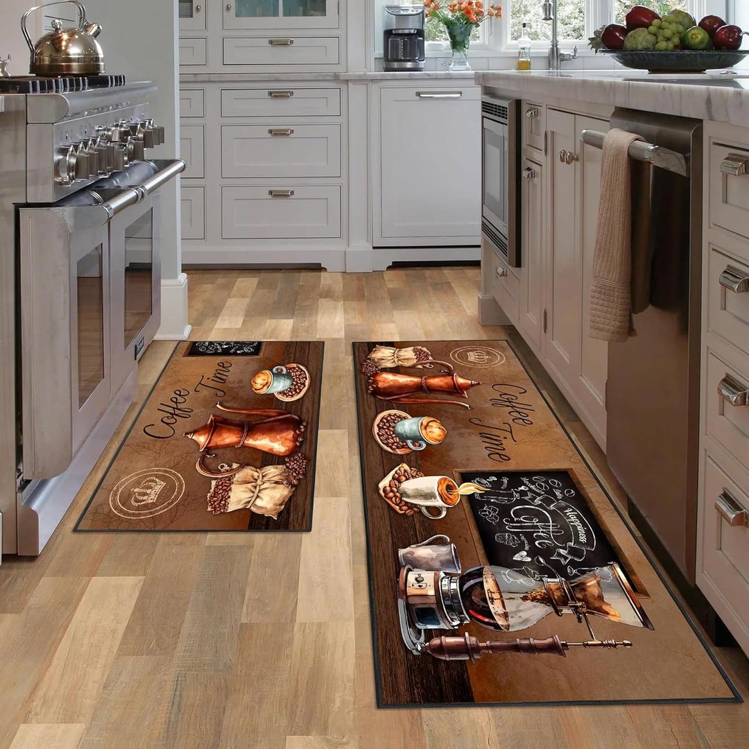 Coffee Kitchen Rug 2 Piece Set, Farmhouse Style Decor Kitchen Floor Mat, Absorbent and Washable Runner Rug, Coffee Vintage Kitchen Decoration 17x30+17x47 Inches