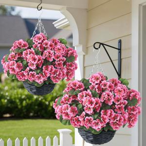 GLIDLION 2 Set Artificial Geraniums Flowers with Hanging Baskets for Outdoors - Sun Resistant Silk with Geranium Flowers, Fake Hanging Planters for Front Porch Garden Patio Home Decor (Peach Pink)