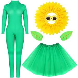 5pcs Sunflower Halloween Costumes for Women Cosplay Green Bodysuit Skirt Yellow Hood Headpiece Glasses Leaf Glove Accessory. M