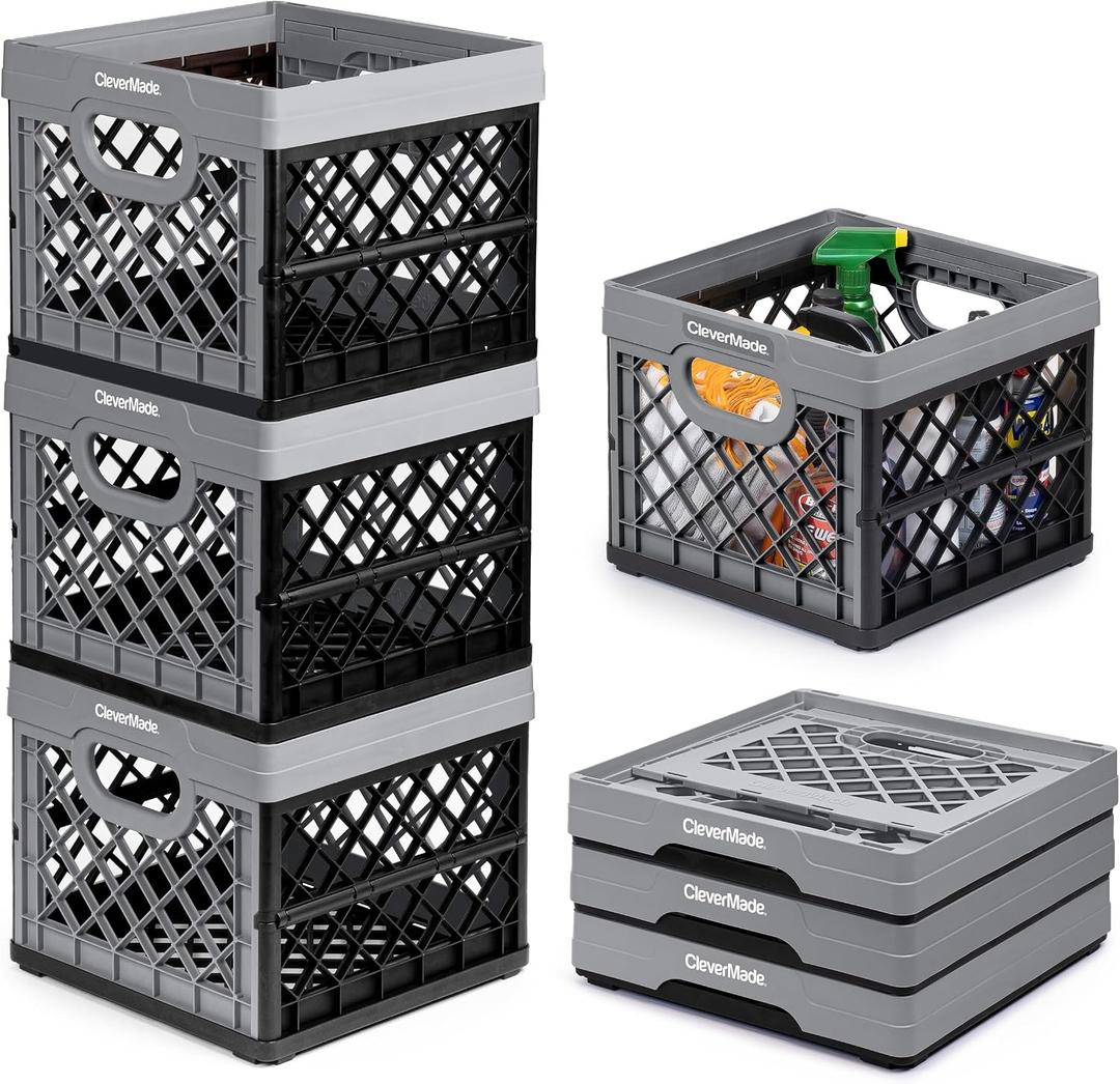 CleverMade Collapsible Milk Crate 25L (6.6 Gal) 3 Pack, 50 lb Capacity Heavy Duty Folding Crate Stackable Storage Crates with File Rails, Plastic Collapsible Crates - Stone