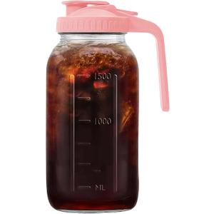 64oz Glass Pitcher with Handle and Lid, 2 Quart Mason Jar Pitcher - Airtight & Leakproof Water Jug with Pour Spout Lid, Glass Containers for Fridge, Perfect for Juice, Cold Brew, Iced & Sun Tea