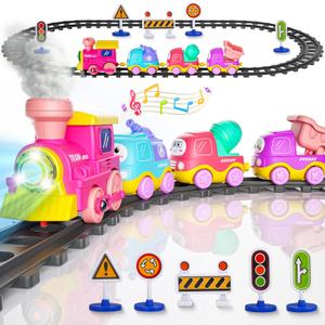 Funwee Steam Track Train Set for Toddlers, Magnetic Connection Train Toys w/Lights & Sounds, Electric Cartoon Choo Choo Train, Toy Train Christmas Birthday Gift for Toddlers 2 3 4 5+ Boy Girl (Pink)