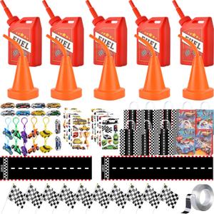 73 Pcs Racing Party Decoration, Kids Party Decoration 10 Race Car Cups with Straws Checkered Flag Race Gift Bag Racing Car &Sticker Keychain Racetrack Floor for Birthday Party Decoration