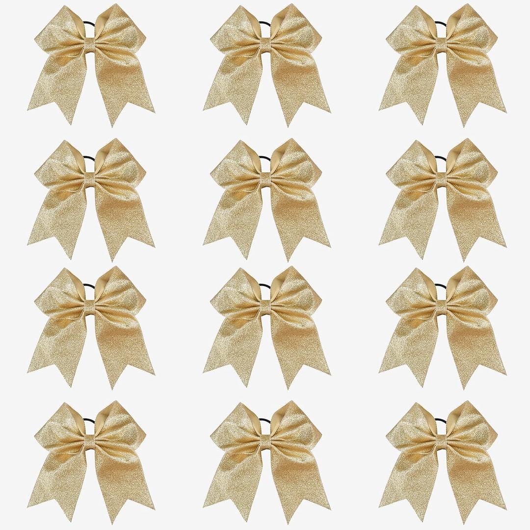 DEEKA 12 PCS 7" Large Glitter Cheer Bows Shiny Cheer Hair Bows Ponytail Holder Handmade for Cheerleader Girls Softball Sports -Gold