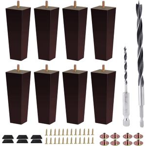 Sofa Legs Square Bed Feet 6 inch Wood Replacement Leg for Furniture Set of 8, Dark Brown